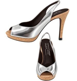 Donald Pliner Cork Metallic Silver Leather Pump Shoe New Slingback NWT $285